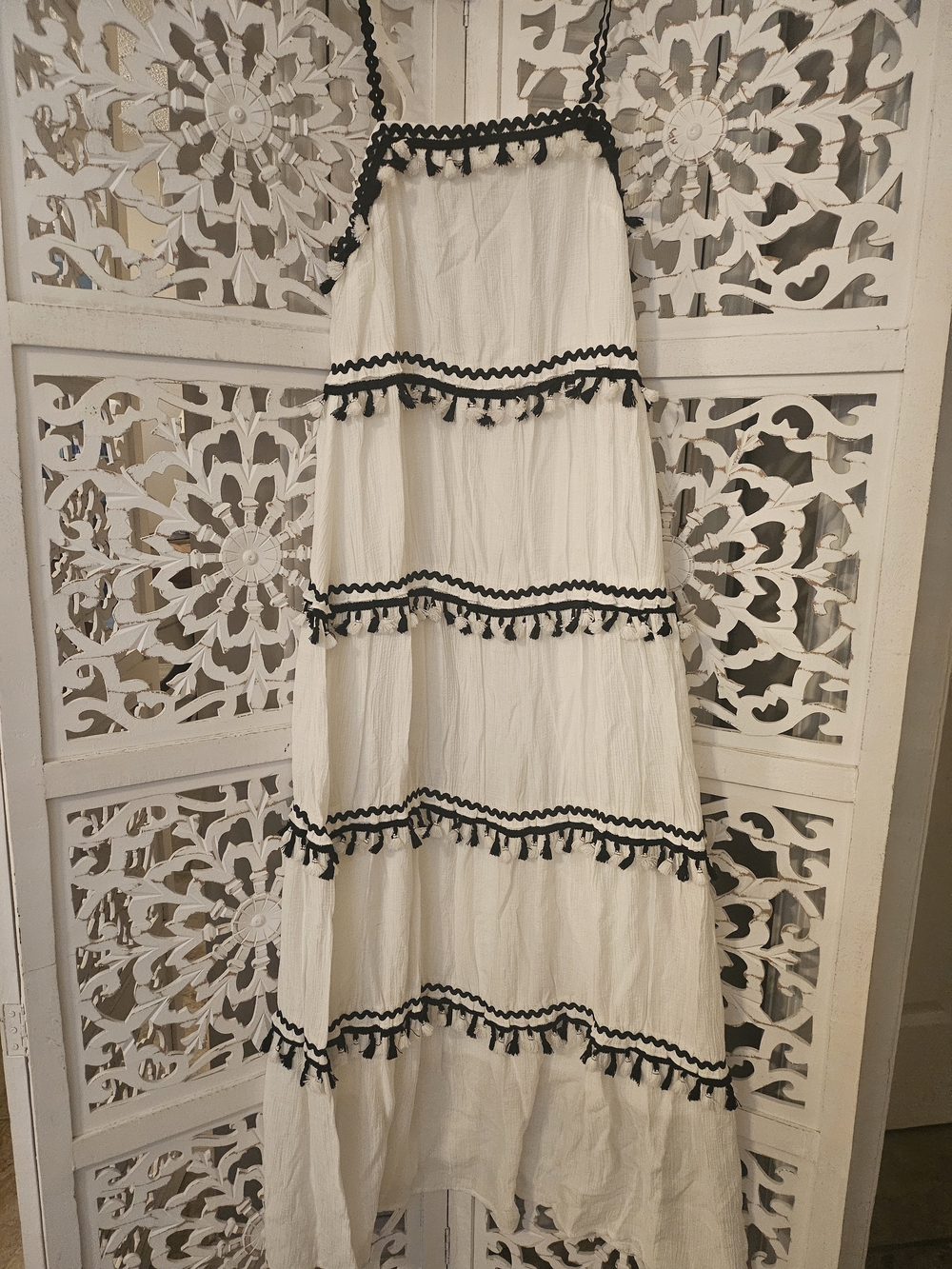 L'ATISTE Boho White Maxi Dress with Black Trim
